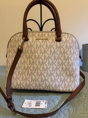 Michael Kors Brown Trim Signature MK Satchel with Beige Canvas